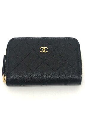 Chanel Coin Case CC Logo Classic Gray Leather Black